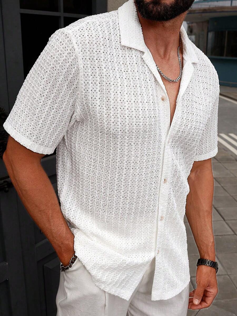 Manfinity CasualCool Heren Casual Effen Getextureerd Mesh Korte Mouw Overhemd, Zomer Herenkleding Heren Overhemden Heren Zomer Overhemden Herenkleding Heren Overhemden Herenkleding Heren Overhemden Casual Overhemden Voor Heren