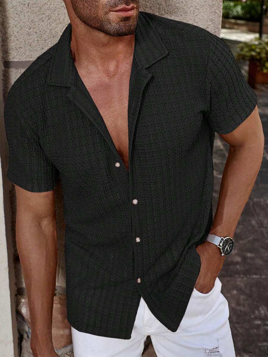 Manfinity CasualCool Heren Casual Effen Getextureerd Mesh Korte Mouw Overhemd, Zomer Herenkleding Heren Overhemden Heren Zomer Overhemden Herenkleding Heren Overhemden Herenkleding Heren Overhemden Casual Overhemden Voor Heren
