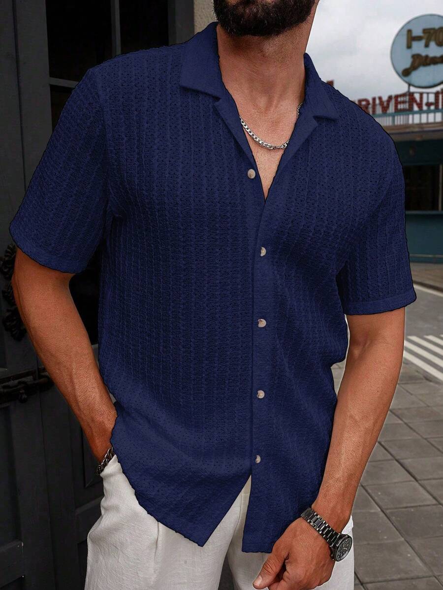 Manfinity CasualCool Heren Casual Effen Getextureerd Mesh Korte Mouw Overhemd, Zomer Herenkleding Heren Overhemden Heren Zomer Overhemden Herenkleding Heren Overhemden Herenkleding Heren Overhemden Casual Overhemden Voor Heren