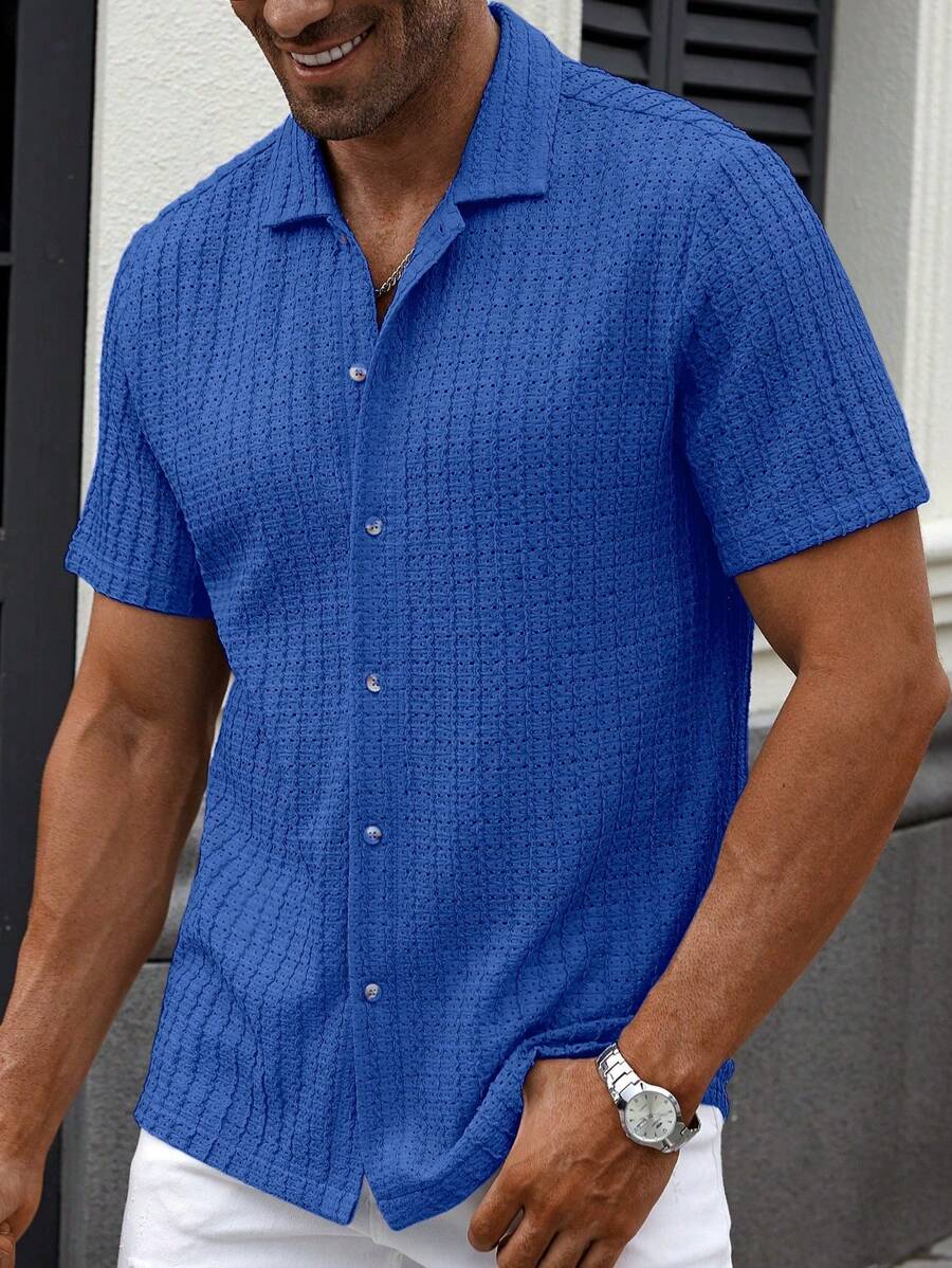 Manfinity CasualCool Heren Casual Effen Getextureerd Mesh Korte Mouw Overhemd, Zomer Herenkleding Heren Overhemden Heren Zomer Overhemden Herenkleding Heren Overhemden Herenkleding Heren Overhemden Casual Overhemden Voor Heren