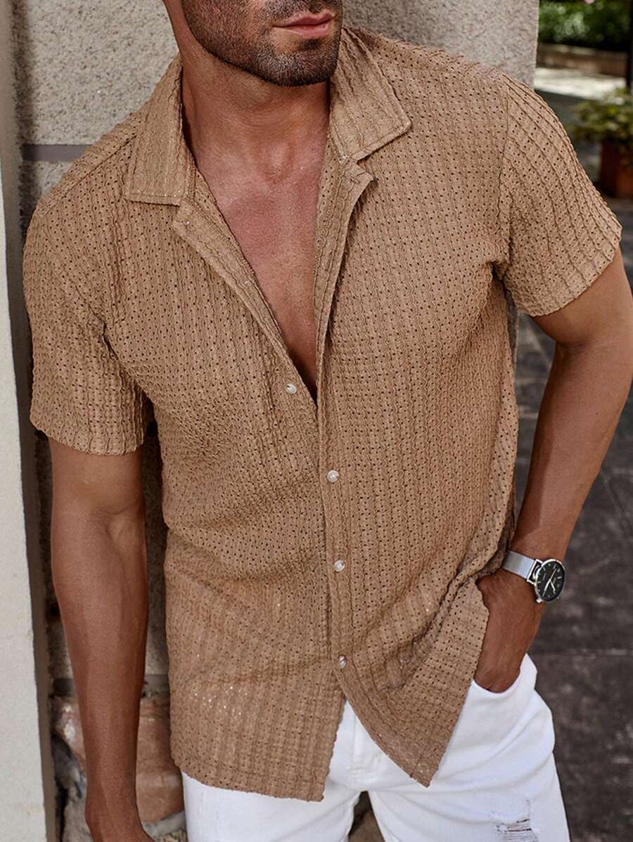 Manfinity CasualCool Heren Casual Effen Getextureerd Mesh Korte Mouw Overhemd, Zomer Herenkleding Heren Overhemden Heren Zomer Overhemden Herenkleding Heren Overhemden Herenkleding Heren Overhemden Casual Overhemden Voor Heren