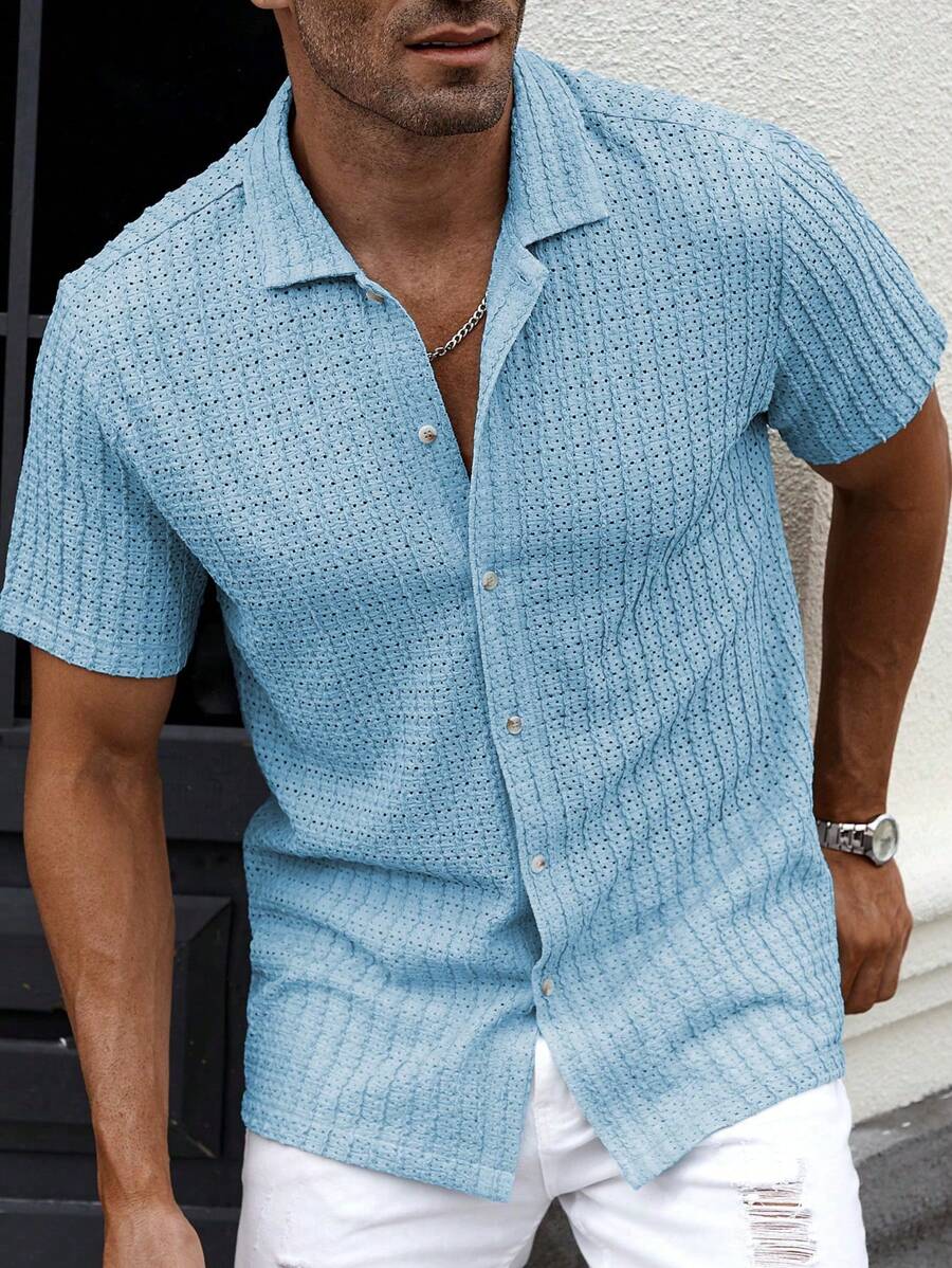 Manfinity CasualCool Heren Casual Effen Getextureerd Mesh Korte Mouw Overhemd, Zomer Herenkleding Heren Overhemden Heren Zomer Overhemden Herenkleding Heren Overhemden Herenkleding Heren Overhemden Casual Overhemden Voor Heren