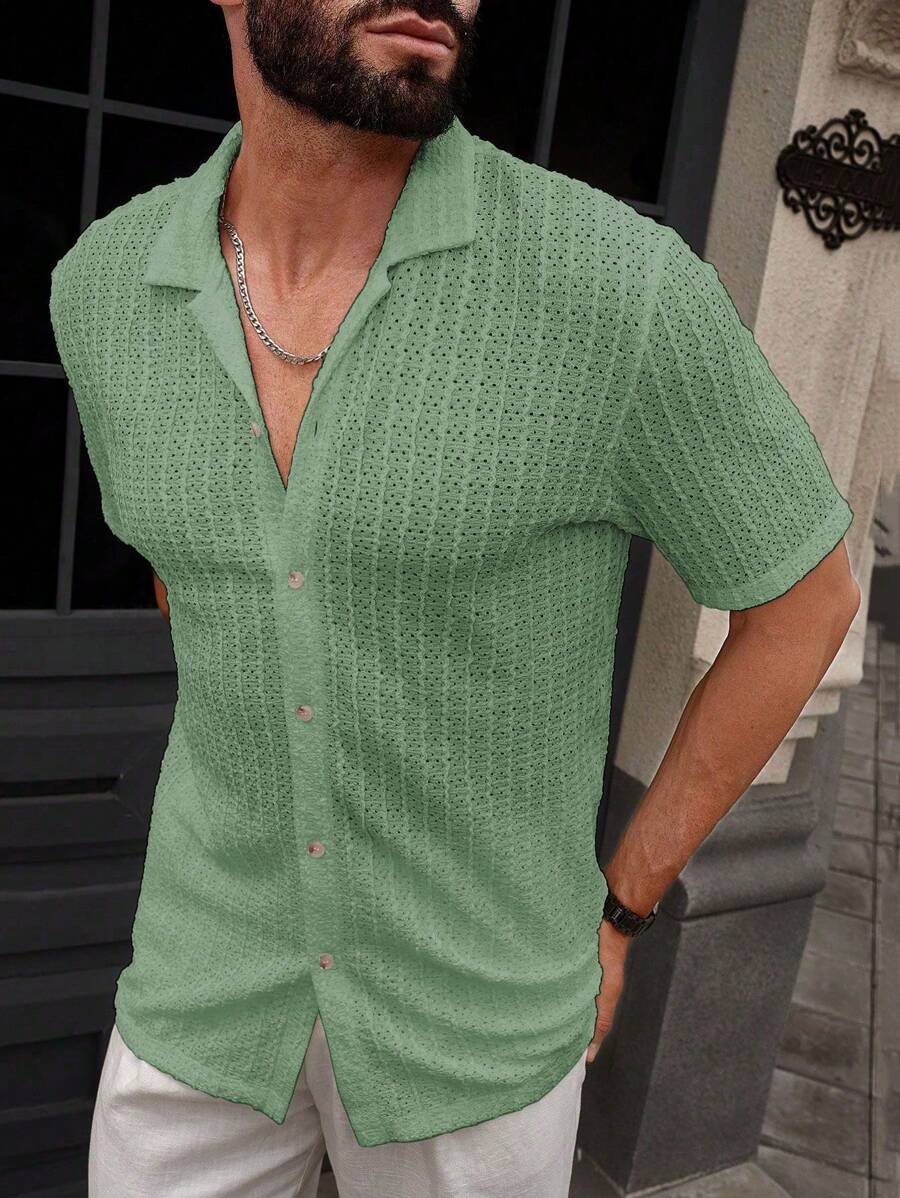 Manfinity CasualCool Heren Casual Effen Getextureerd Mesh Korte Mouw Overhemd, Zomer Herenkleding Heren Overhemden Heren Zomer Overhemden Herenkleding Heren Overhemden Herenkleding Heren Overhemden Casual Overhemden Voor Heren