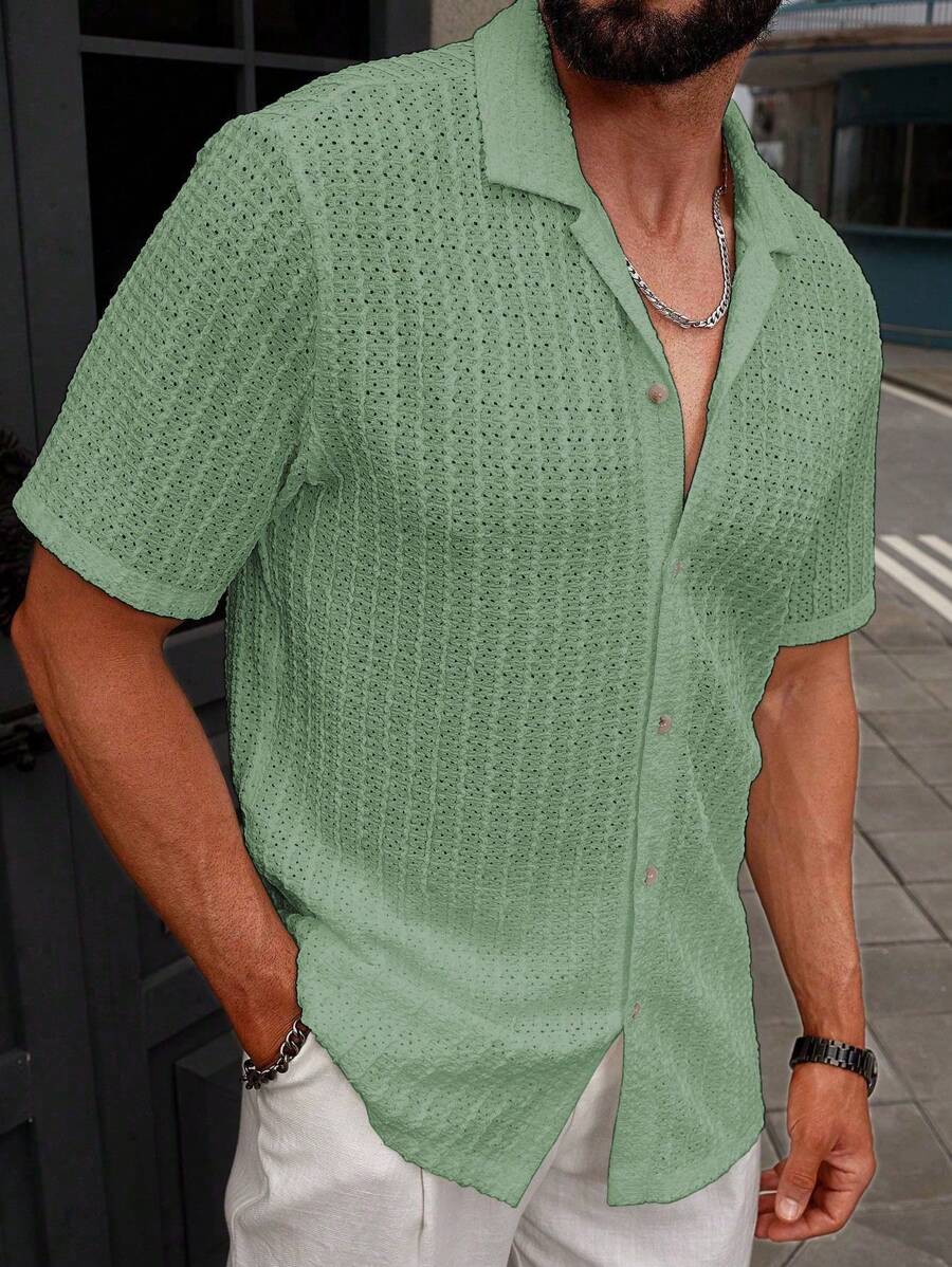 Manfinity CasualCool Heren Casual Effen Getextureerd Mesh Korte Mouw Overhemd, Zomer Herenkleding Heren Overhemden Heren Zomer Overhemden Herenkleding Heren Overhemden Herenkleding Heren Overhemden Casual Overhemden Voor Heren