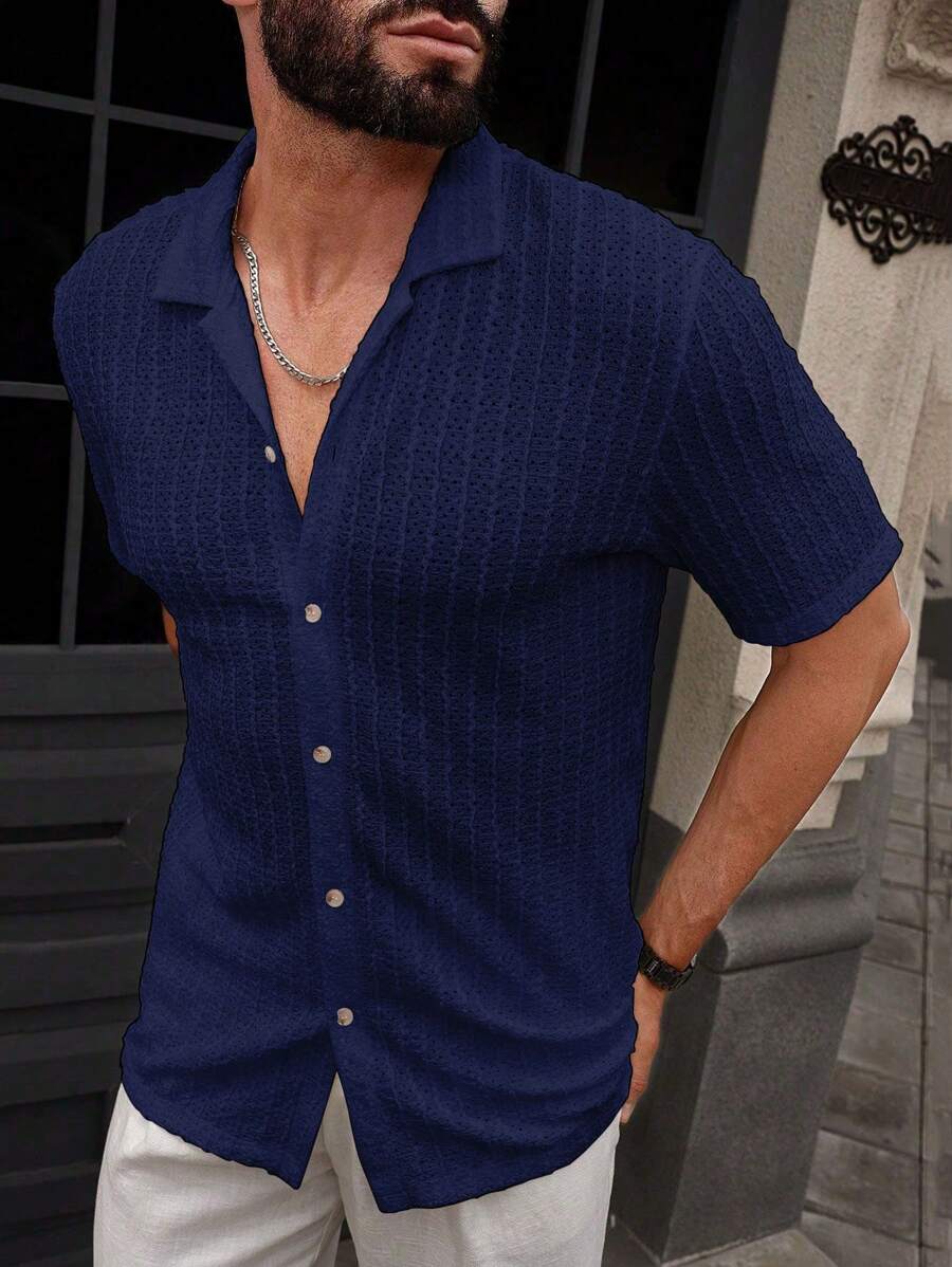 Manfinity CasualCool Heren Casual Effen Getextureerd Mesh Korte Mouw Overhemd, Zomer Herenkleding Heren Overhemden Heren Zomer Overhemden Herenkleding Heren Overhemden Herenkleding Heren Overhemden Casual Overhemden Voor Heren