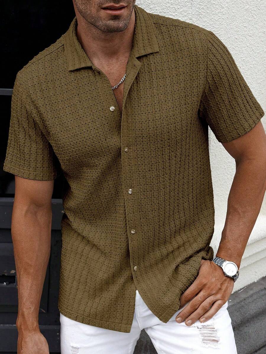 Manfinity CasualCool Heren Casual Effen Getextureerd Mesh Korte Mouw Overhemd, Zomer Herenkleding Heren Overhemden Heren Zomer Overhemden Herenkleding Heren Overhemden Herenkleding Heren Overhemden Casual Overhemden Voor Heren