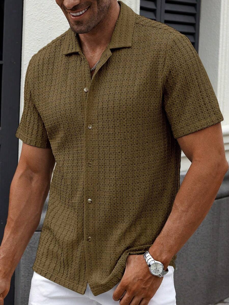 Manfinity CasualCool Heren Casual Effen Getextureerd Mesh Korte Mouw Overhemd, Zomer Herenkleding Heren Overhemden Heren Zomer Overhemden Herenkleding Heren Overhemden Herenkleding Heren Overhemden Casual Overhemden Voor Heren