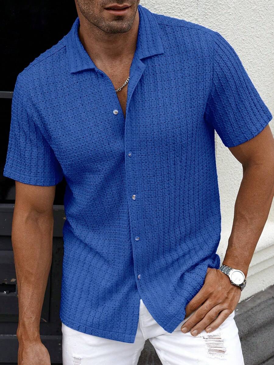 Manfinity CasualCool Heren Casual Effen Getextureerd Mesh Korte Mouw Overhemd, Zomer Herenkleding Heren Overhemden Heren Zomer Overhemden Herenkleding Heren Overhemden Herenkleding Heren Overhemden Casual Overhemden Voor Heren