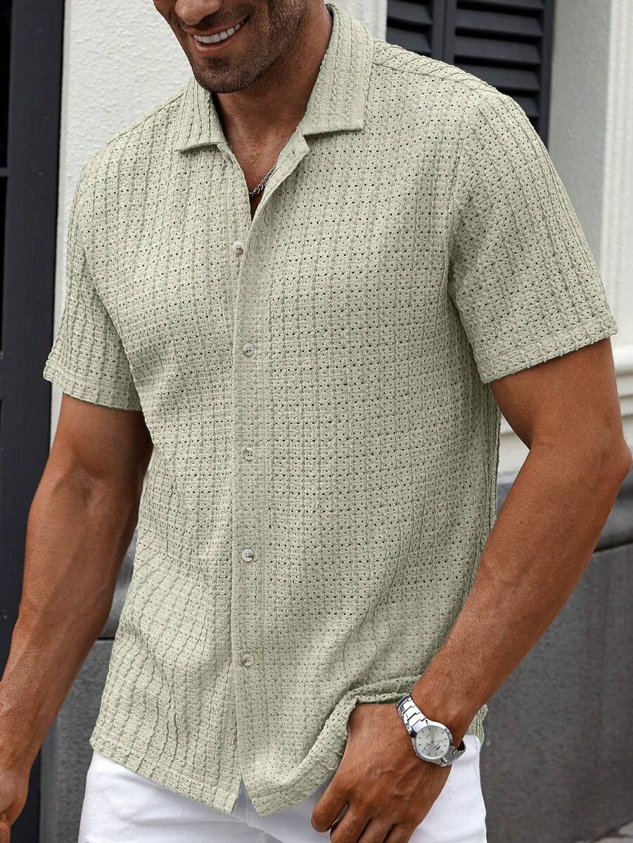 Manfinity CasualCool Heren Casual Effen Getextureerd Mesh Korte Mouw Overhemd, Zomer Herenkleding Heren Overhemden Heren Zomer Overhemden Herenkleding Heren Overhemden Herenkleding Heren Overhemden Casual Overhemden Voor Heren
