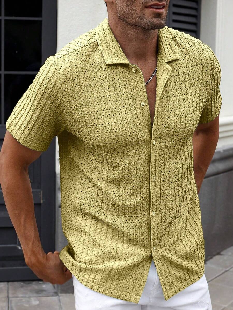 Manfinity CasualCool Heren Casual Effen Getextureerd Mesh Korte Mouw Overhemd, Zomer Herenkleding Heren Overhemden Heren Zomer Overhemden Herenkleding Heren Overhemden Herenkleding Heren Overhemden Casual Overhemden Voor Heren
