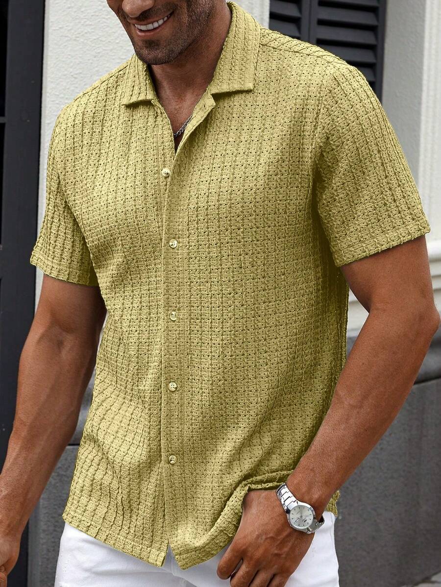 Manfinity CasualCool Heren Casual Effen Getextureerd Mesh Korte Mouw Overhemd, Zomer Herenkleding Heren Overhemden Heren Zomer Overhemden Herenkleding Heren Overhemden Herenkleding Heren Overhemden Casual Overhemden Voor Heren